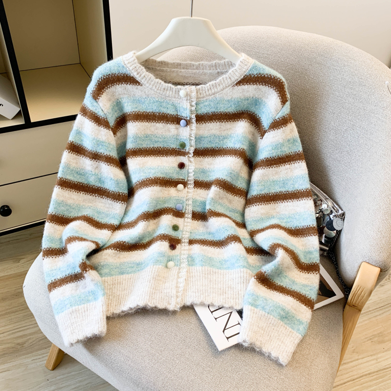 Stripe niche coat splice lace sweater for women
