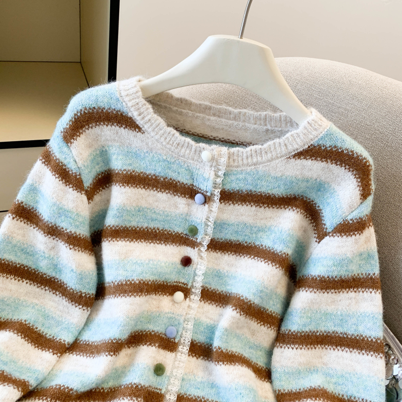 Stripe niche coat splice lace sweater for women