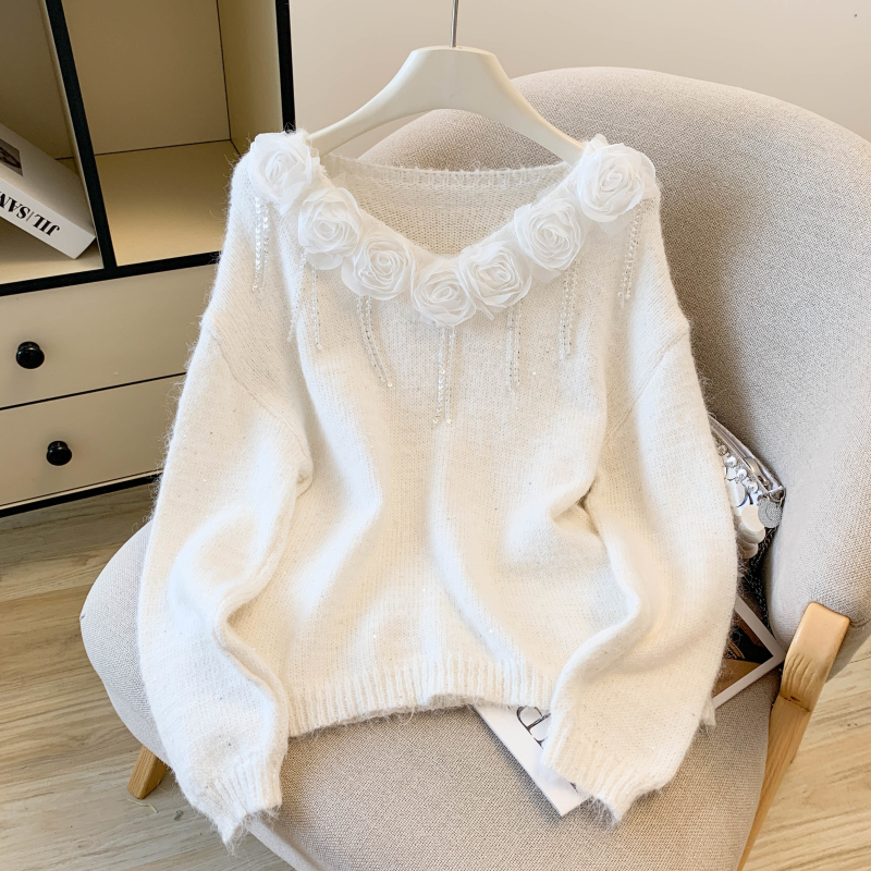 Stereoscopic slim loose long sleeve flowers tops for women