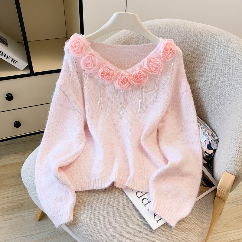 Stereoscopic slim loose long sleeve flowers tops for women