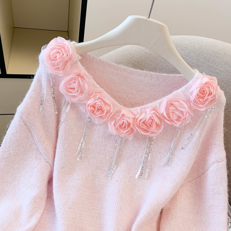 Stereoscopic slim loose long sleeve flowers tops for women