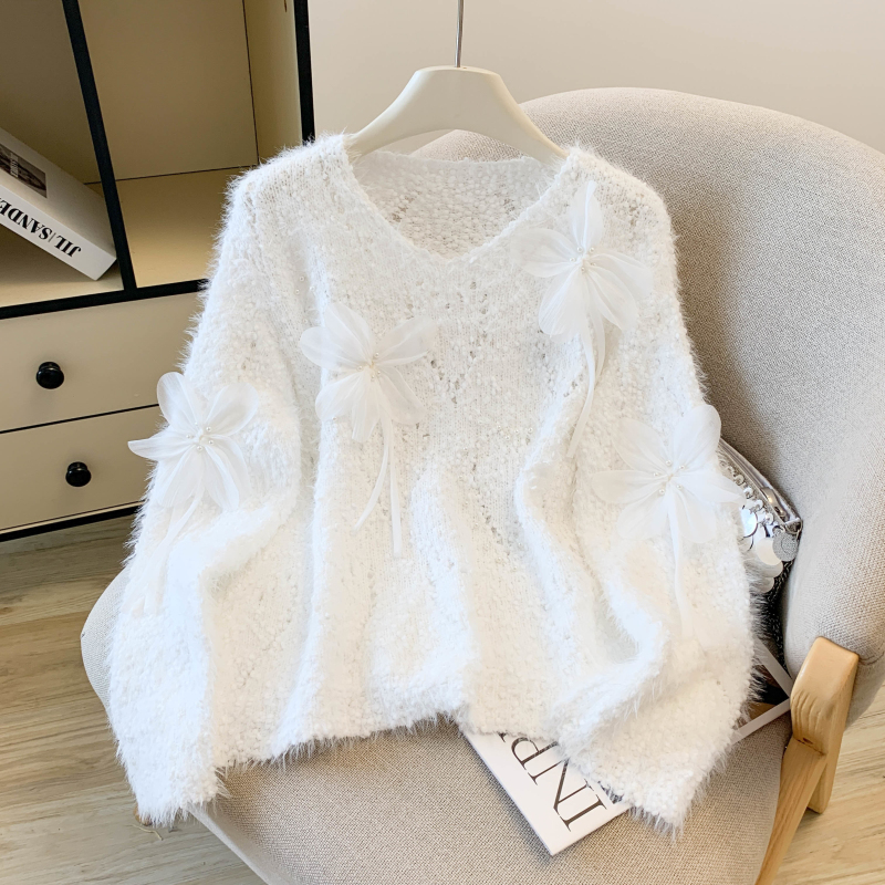 Flowers imitation of mink velvet tops V-neck sweater