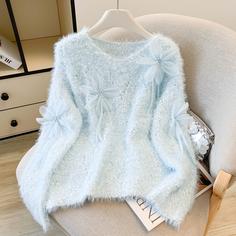 Flowers imitation of mink velvet tops V-neck sweater