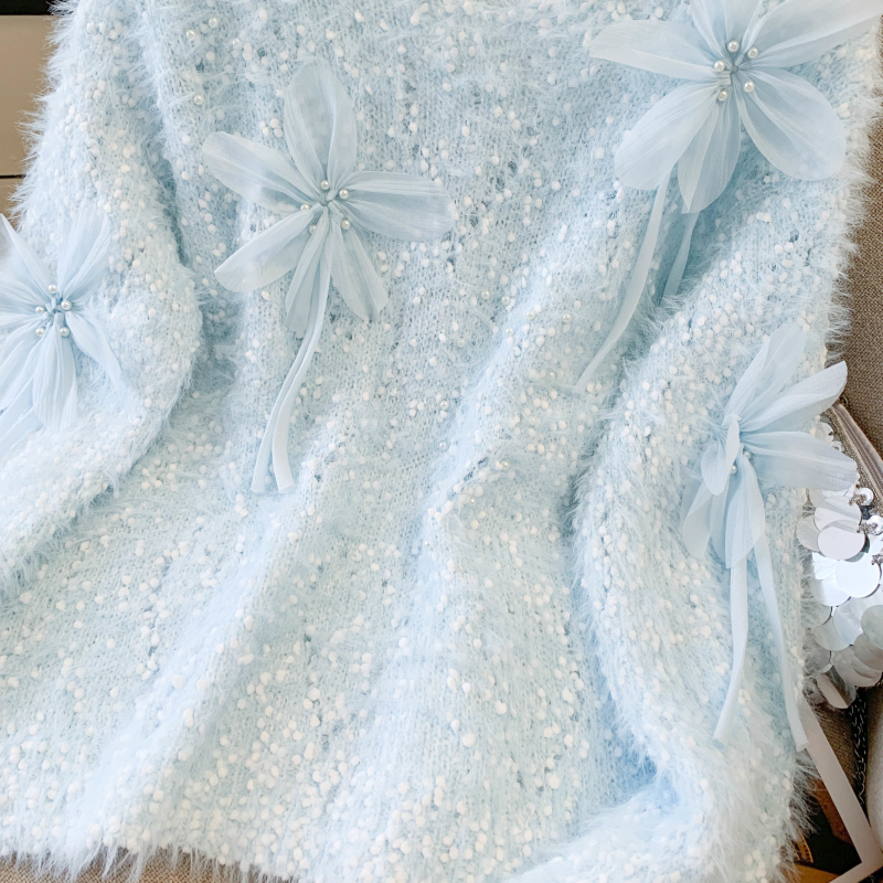 Flowers imitation of mink velvet tops V-neck sweater