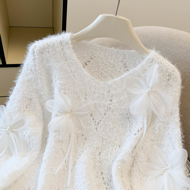 Flowers imitation of mink velvet tops V-neck sweater