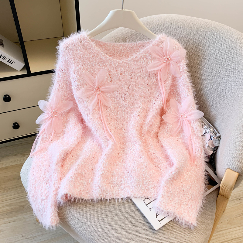 Flowers imitation of mink velvet tops V-neck sweater