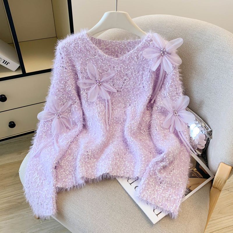 Flowers imitation of mink velvet tops V-neck sweater