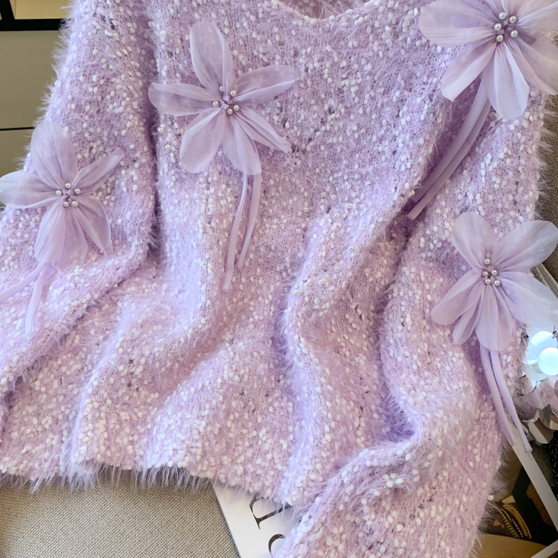 Flowers imitation of mink velvet tops V-neck sweater