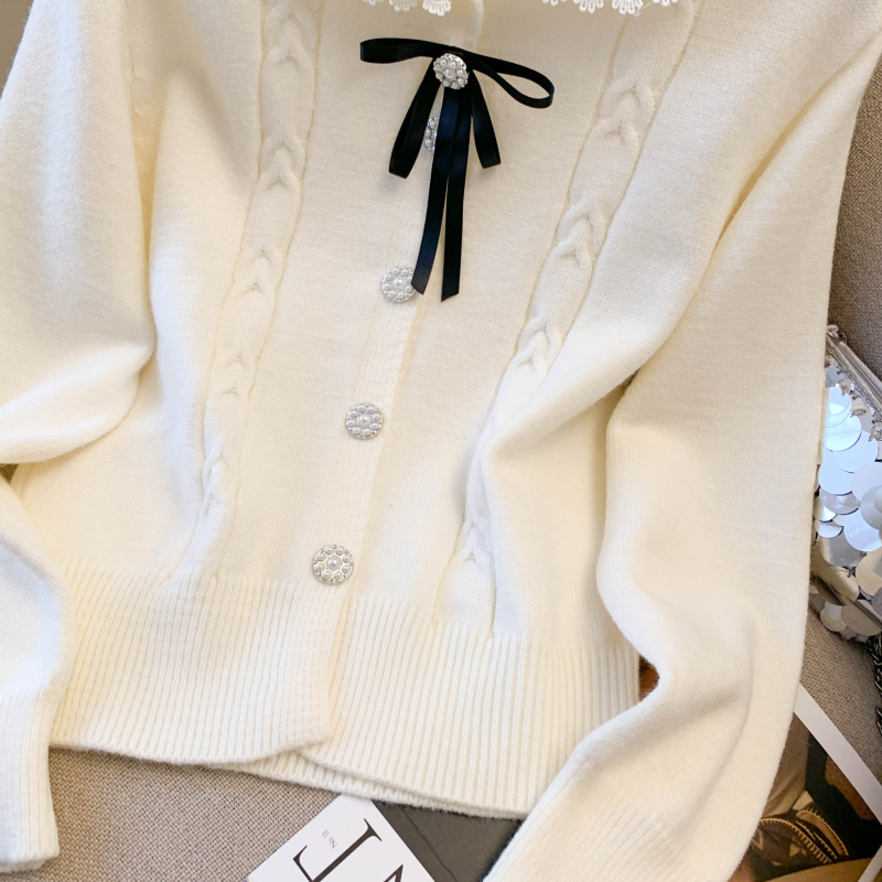 Doll collar bow tops France style sweater for women