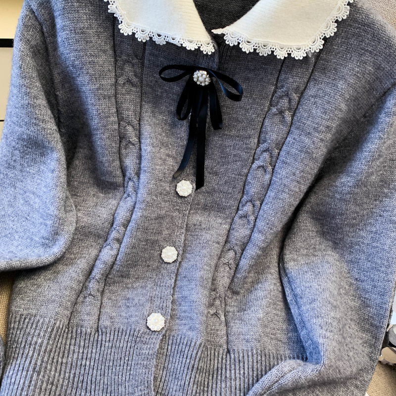 Doll collar bow tops France style sweater for women