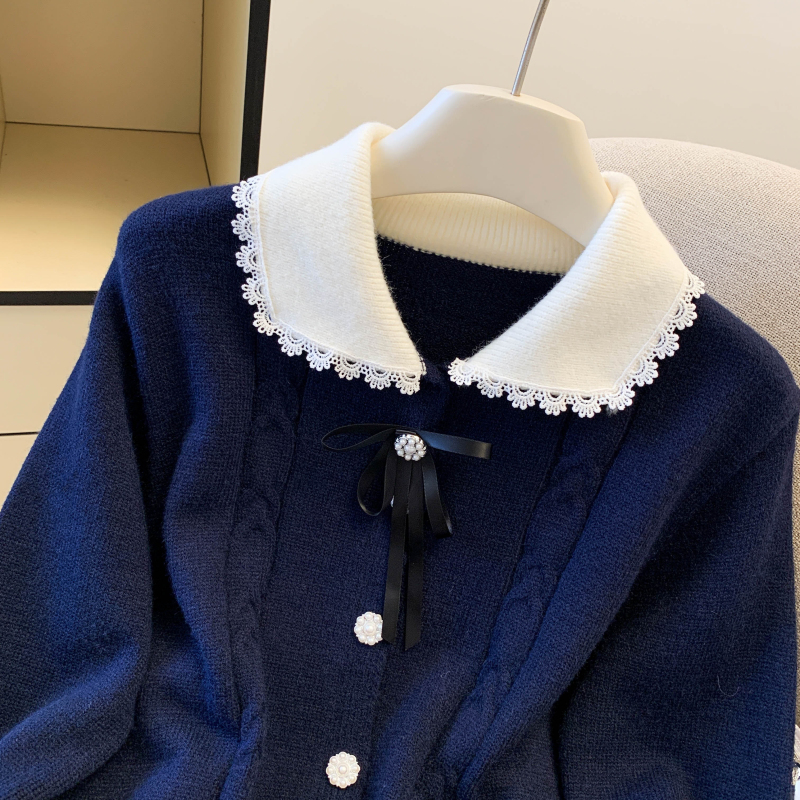 Doll collar bow tops France style sweater for women
