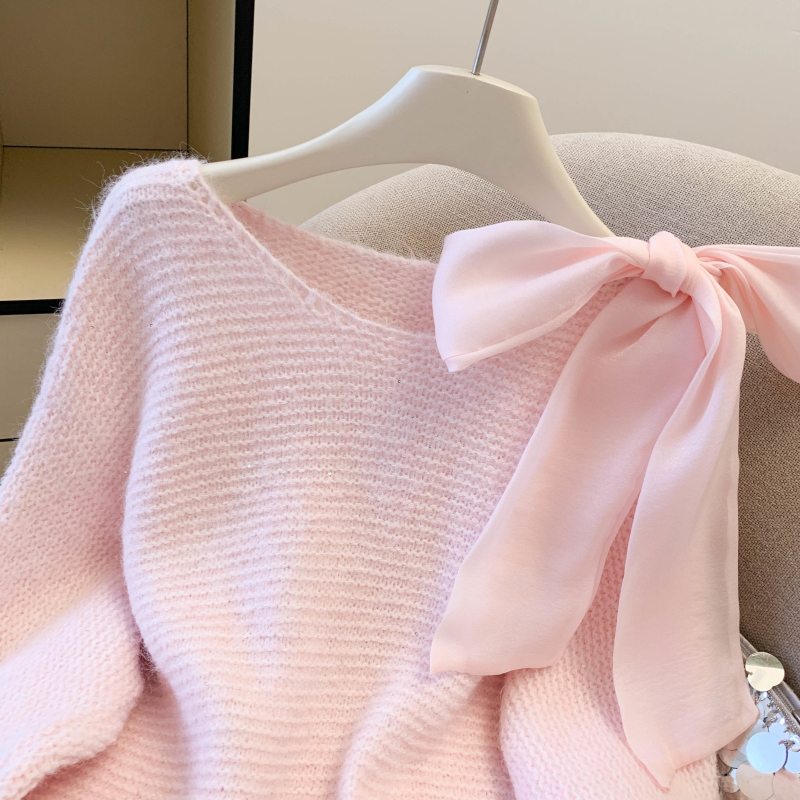 Knitted bow tops pullover small fellow sweater for women