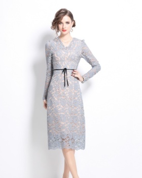 Temperament lace autumn niche blue dress for women