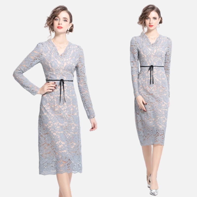 Temperament lace autumn niche blue dress for women
