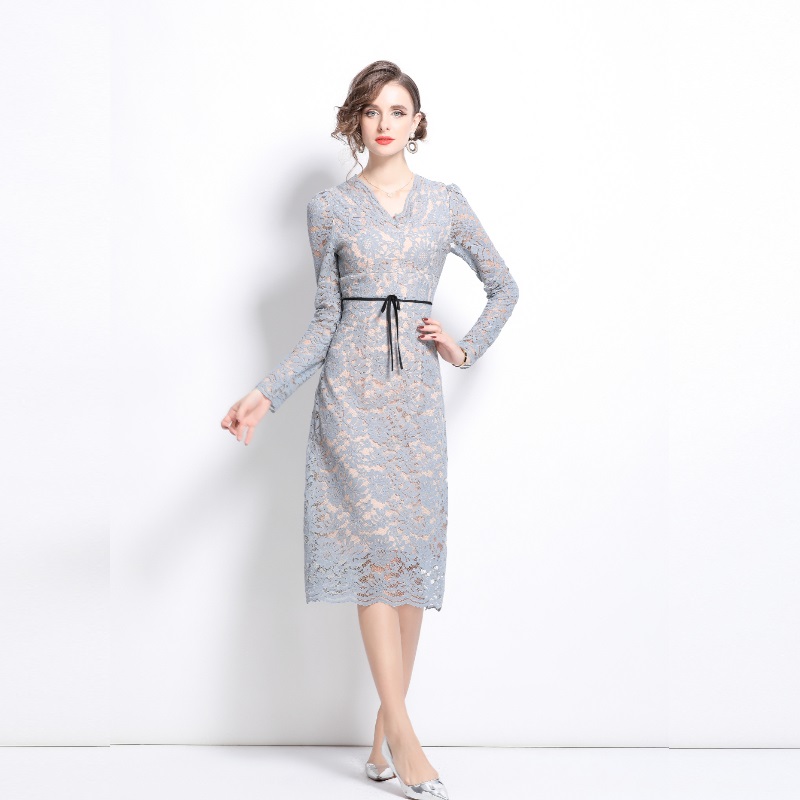 Temperament lace autumn niche blue dress for women