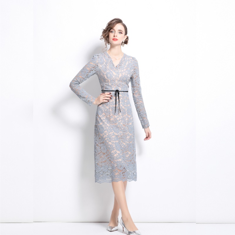 Temperament lace autumn niche blue dress for women