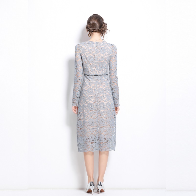 Temperament lace autumn niche blue dress for women