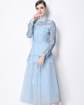 Embroidery temperament skirt long gauze tops 2pcs set