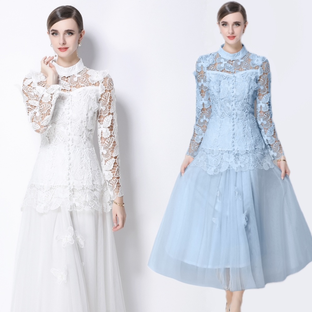 Embroidery temperament skirt long gauze tops 2pcs set