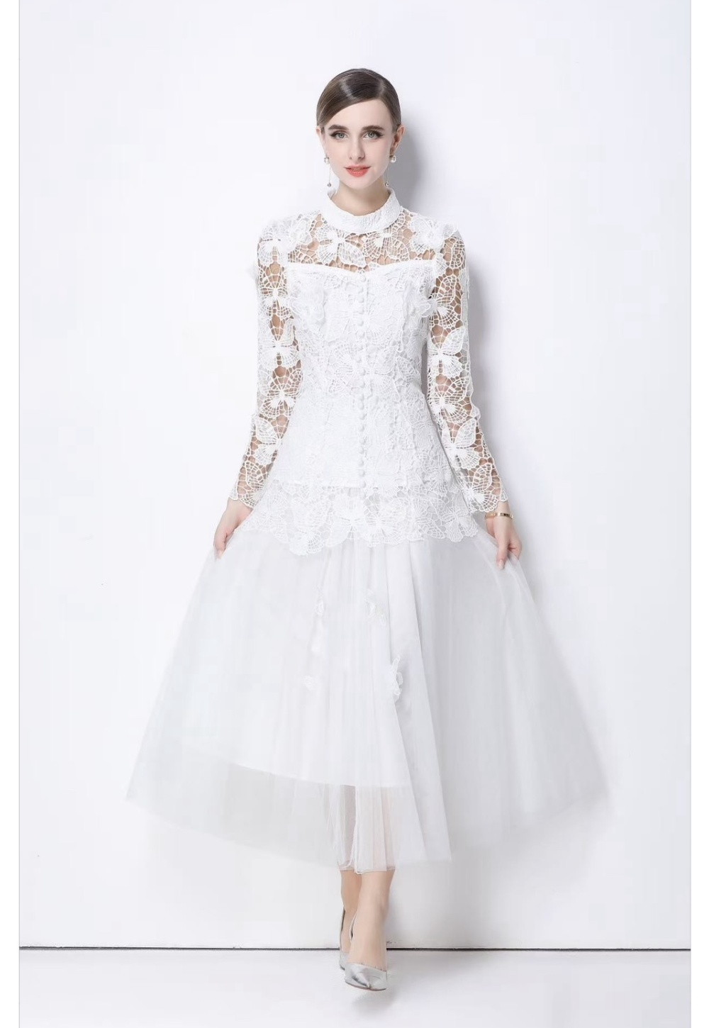 Embroidery temperament skirt long gauze tops 2pcs set