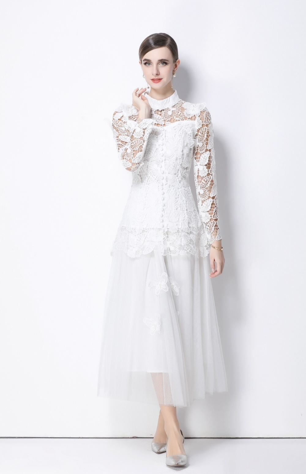 Embroidery temperament skirt long gauze tops 2pcs set
