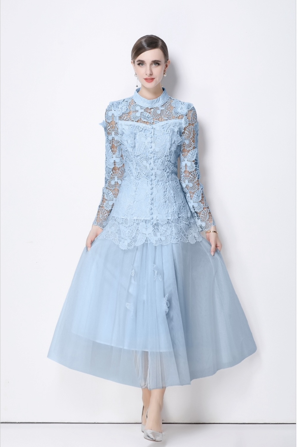 Embroidery temperament skirt long gauze tops 2pcs set