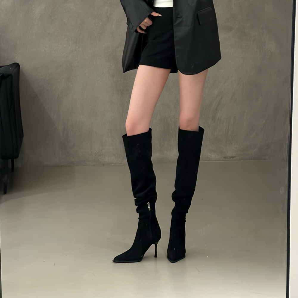 Pointed high-heeled wear thigh boots fine-root fold martin boots