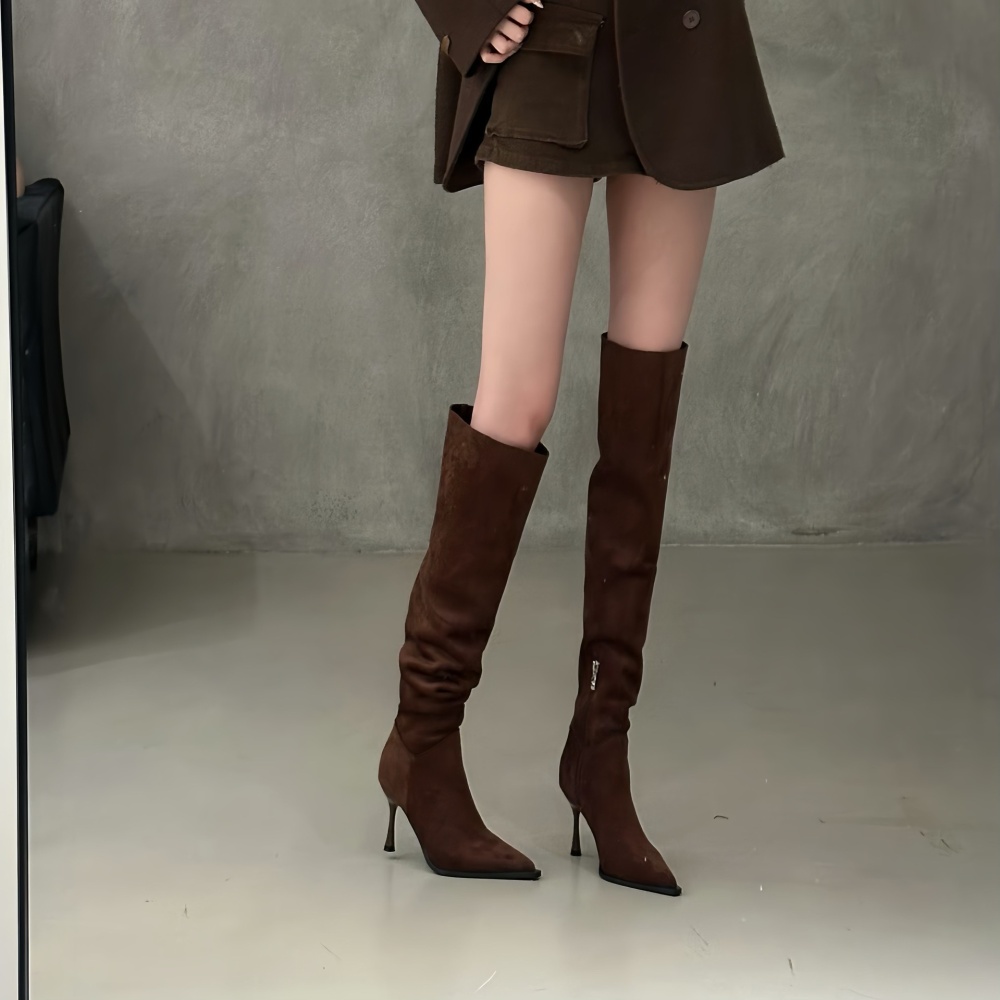 Pointed high-heeled wear thigh boots fine-root fold martin boots