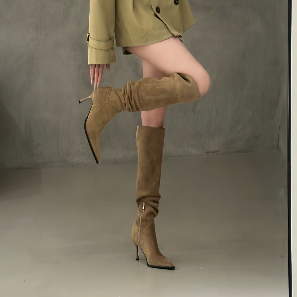 Pointed high-heeled wear thigh boots fine-root fold martin boots