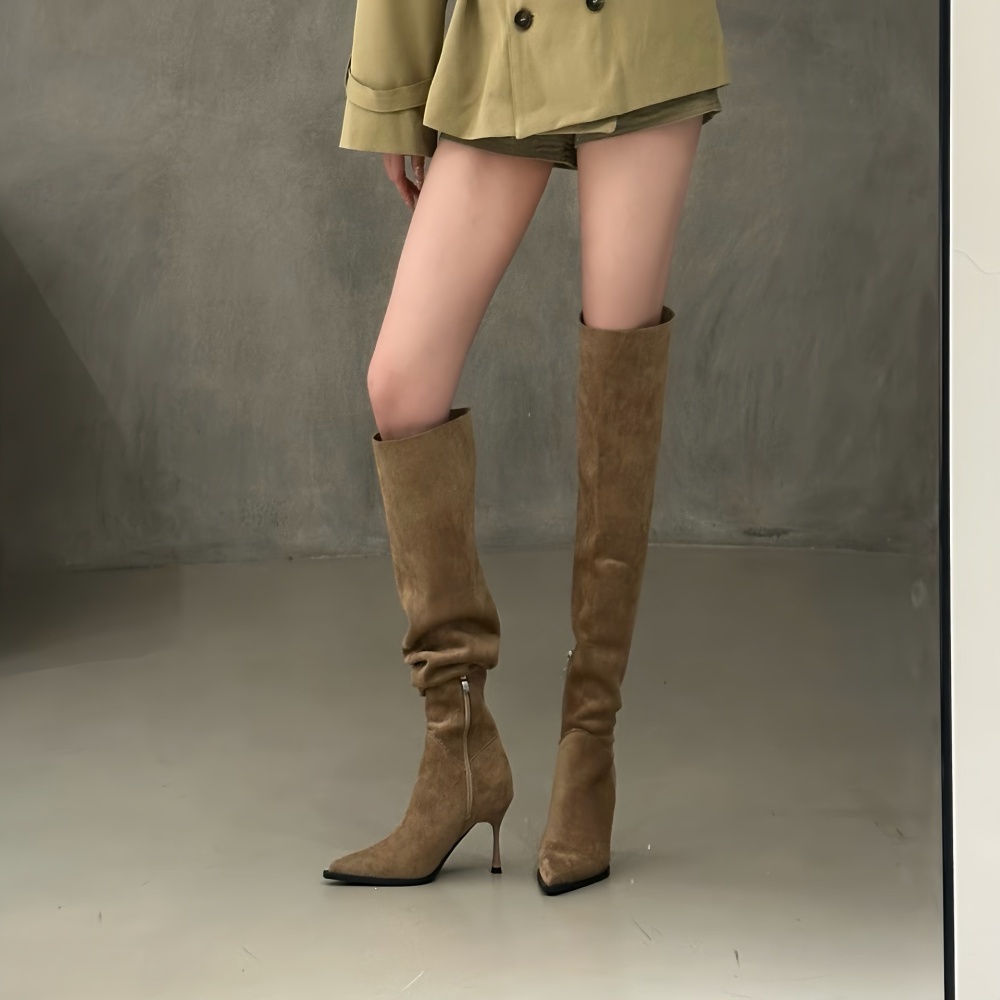 Pointed high-heeled wear thigh boots fine-root fold martin boots
