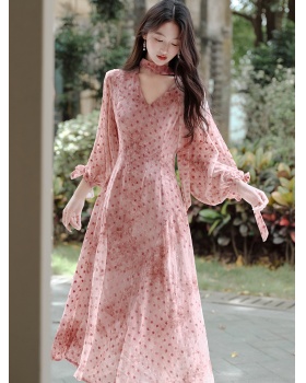 Temperament V-neck long dress polka dot dress for women
