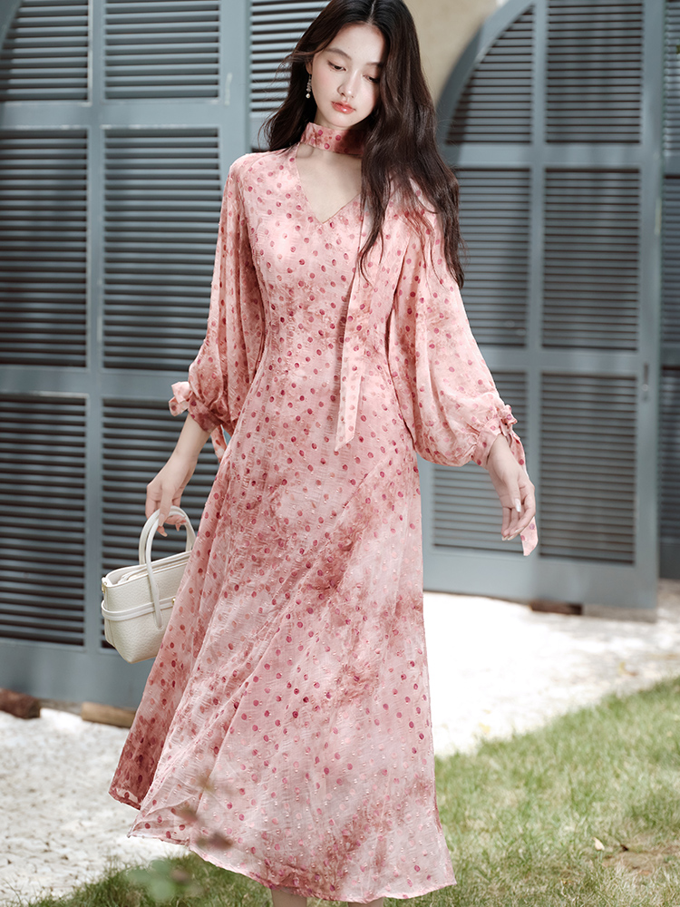 Temperament V-neck long dress polka dot dress for women
