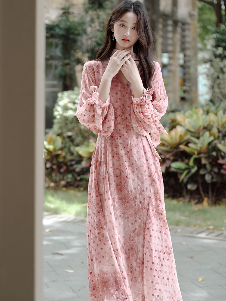 Temperament V-neck long dress polka dot dress for women