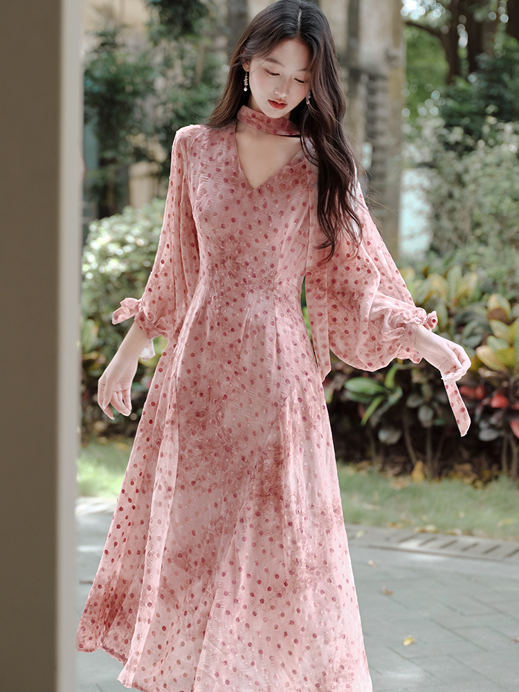 Temperament V-neck long dress polka dot dress for women