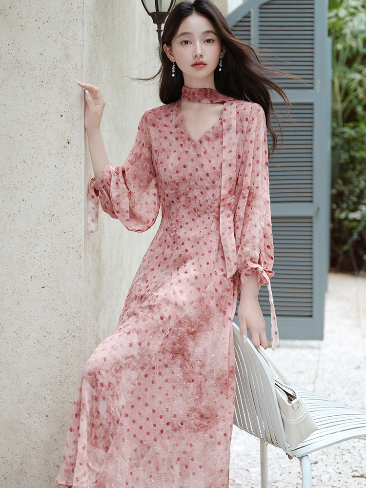 Temperament V-neck long dress polka dot dress for women