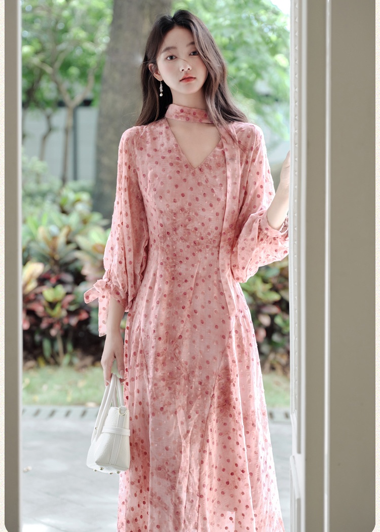 Temperament V-neck long dress polka dot dress for women