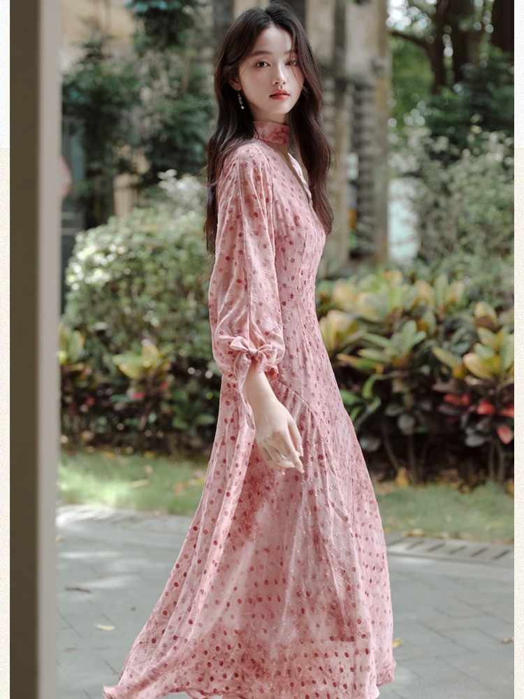 Temperament V-neck long dress polka dot dress for women