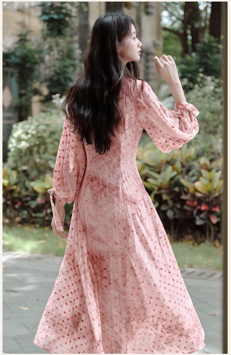 Temperament V-neck long dress polka dot dress for women