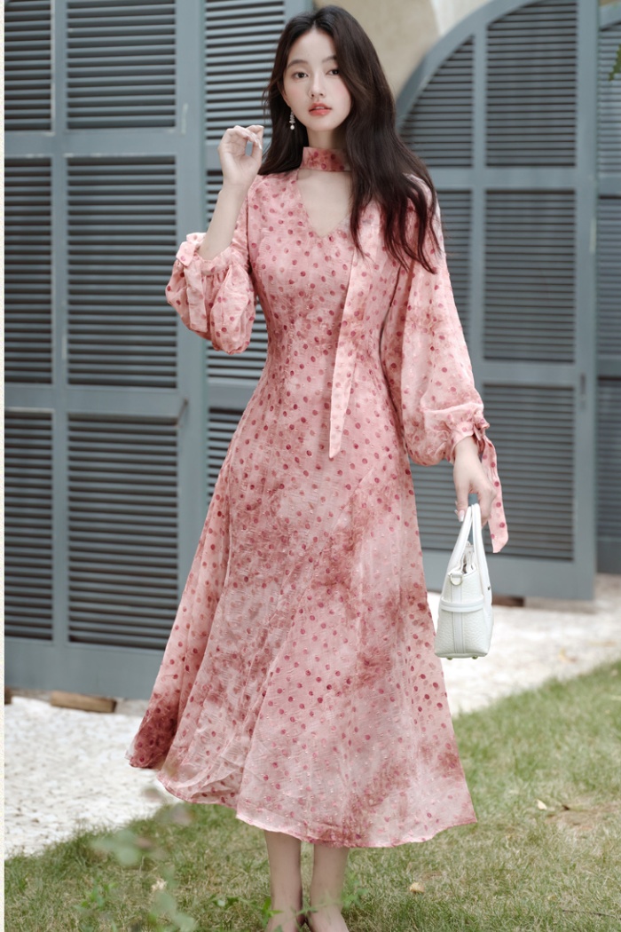 Temperament V-neck long dress polka dot dress for women