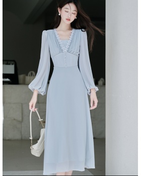 Long sleeve V-neck France style lace vacation dress