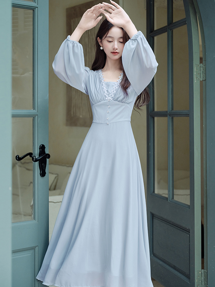 Long sleeve V-neck France style lace vacation dress