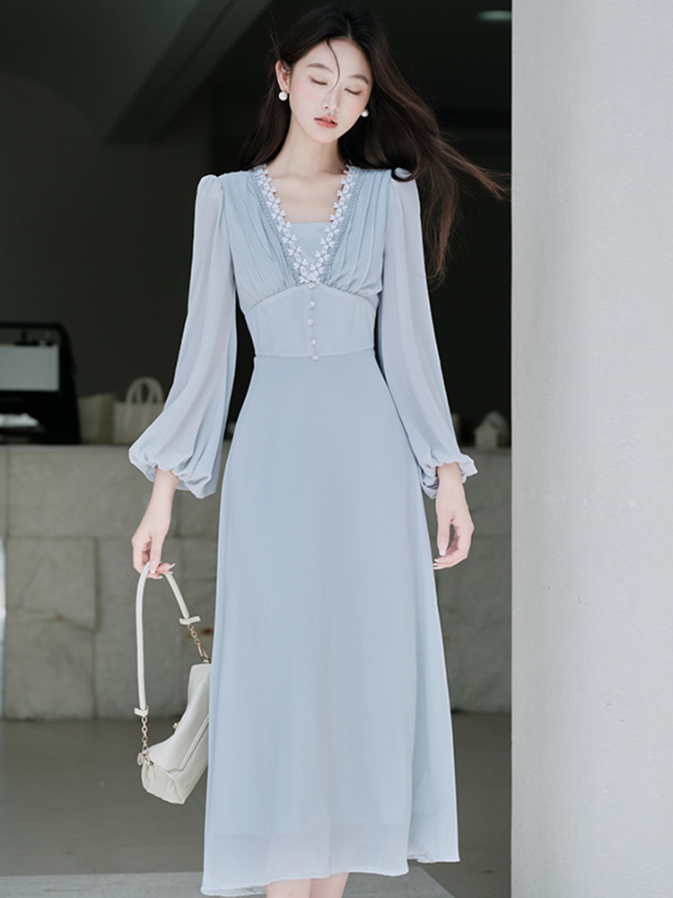 Long sleeve V-neck France style lace vacation dress