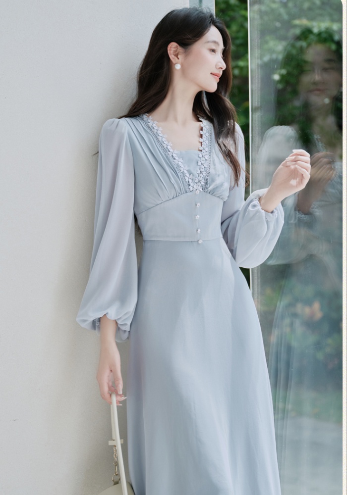 Long sleeve V-neck France style lace vacation dress