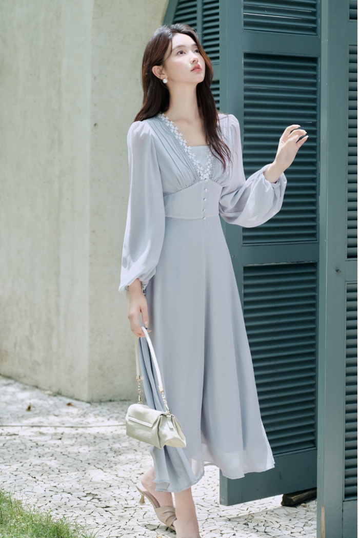 Long sleeve V-neck France style lace vacation dress