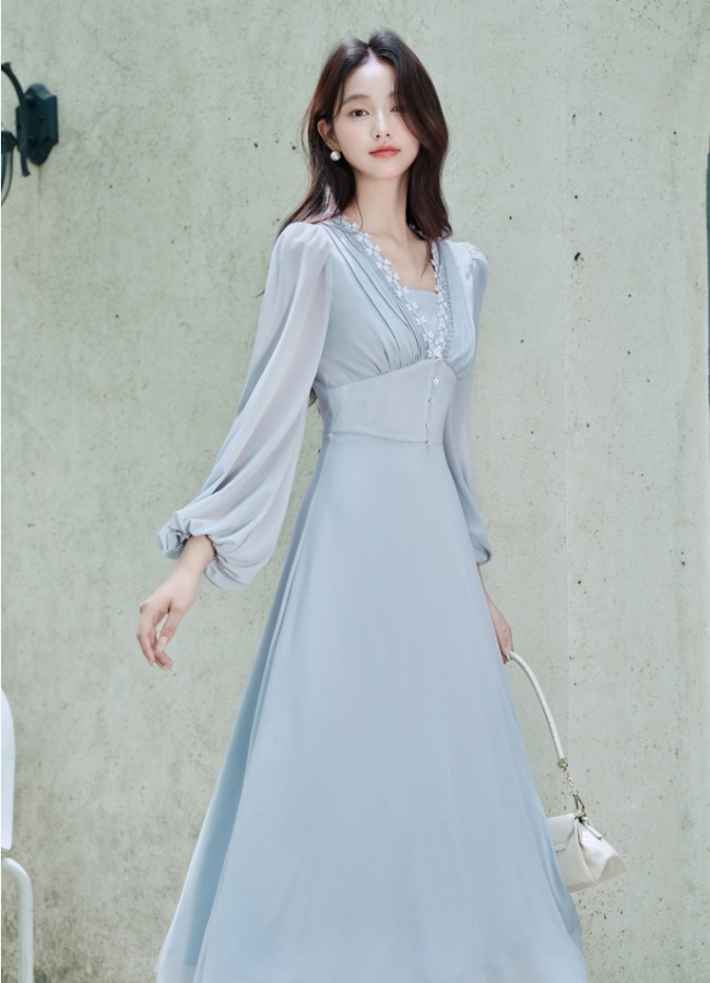 Long sleeve V-neck France style lace vacation dress