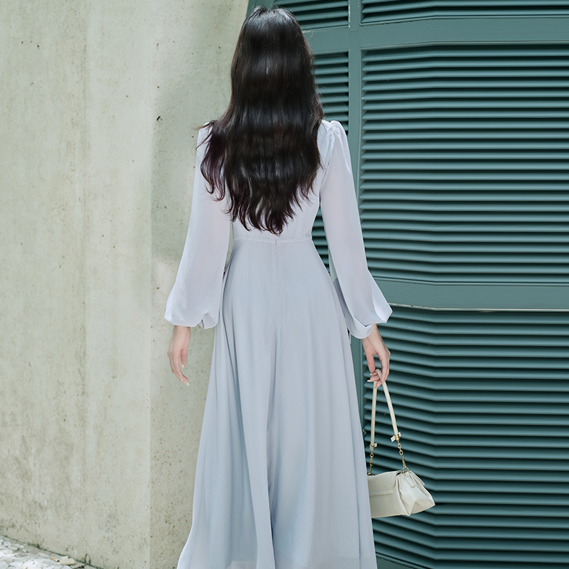 Long sleeve V-neck France style lace vacation dress