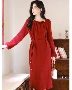 Red hollow dress winter pearl sweater dress for women