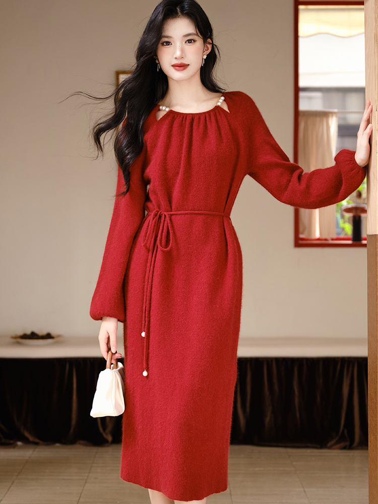 Red hollow dress winter pearl sweater dress for women