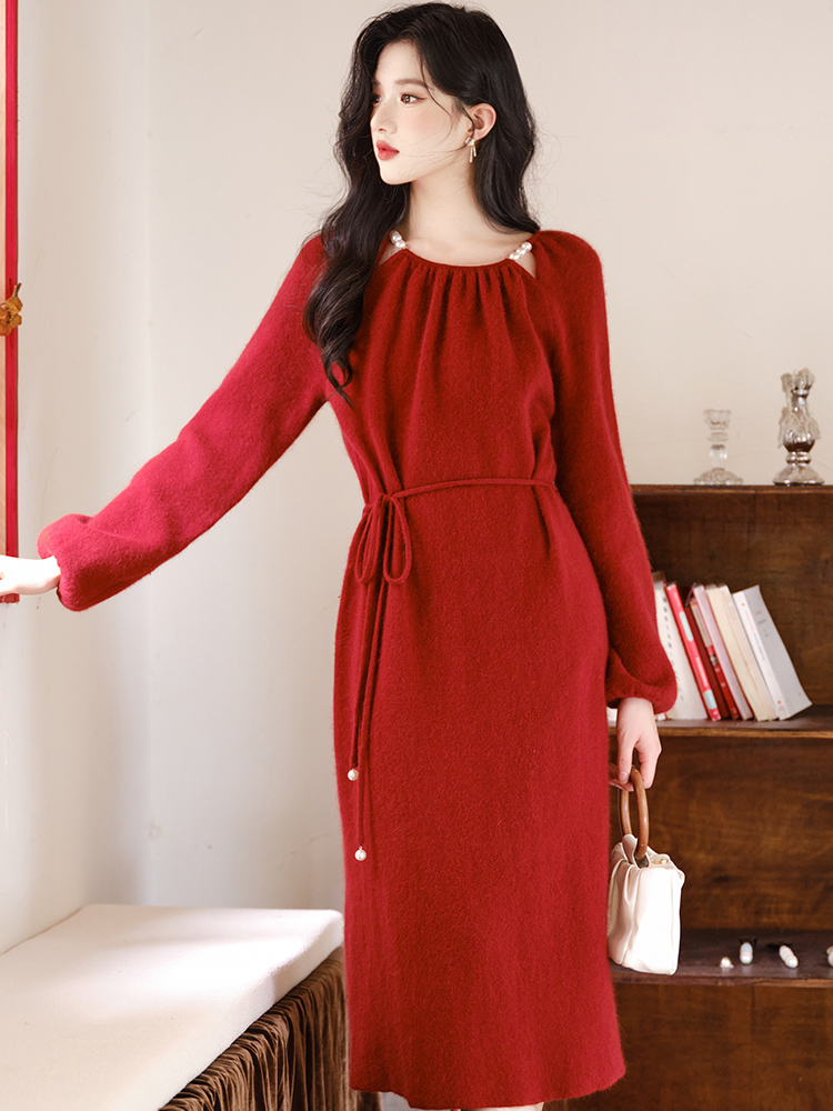 Red hollow dress winter pearl sweater dress for women