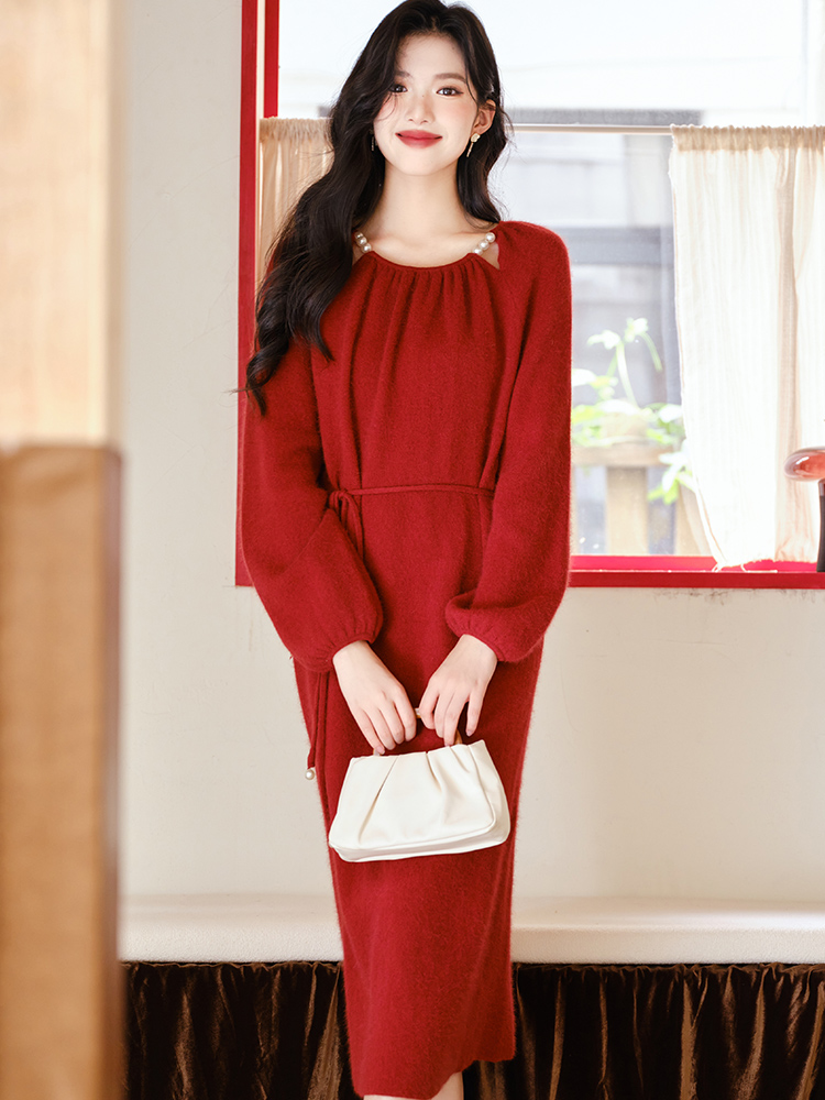Red hollow dress winter pearl sweater dress for women